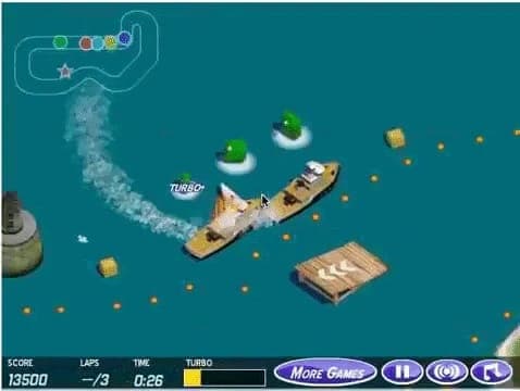 The image depicts a vibrant, 3D-rendered racing game set against a deep blue ocean backdrop. A large, brown ship is the central focus, with a smaller, white ship nearby. The ship is in motion, leaving a trail of white smoke behind it. The game interface is visible at the bottom of the image, displaying a score of 13500