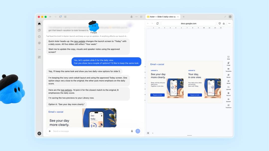 The image shows a screenshot of a Slack conversation between two users, one named "Felipe" and the other named "Slater". The conversation is taking place on a light blue background. The user named "Felipe" is asking the other user, "Slater", to update the "Today" slide in their project. The user named "Slater" responds