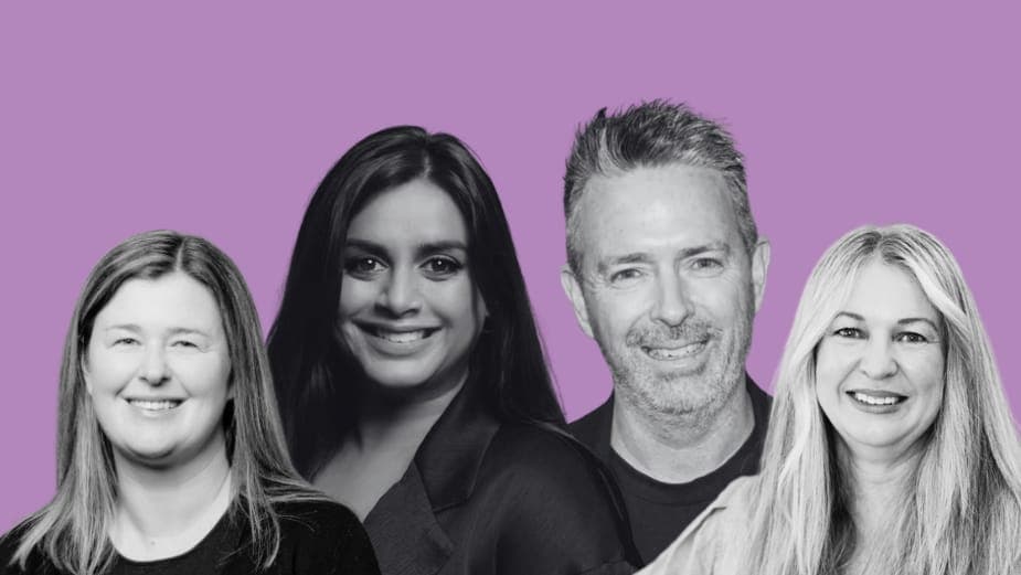 Four black-and-white portraits of smiling people (two women, two men) against a flat purple background, with no visible text or logos.