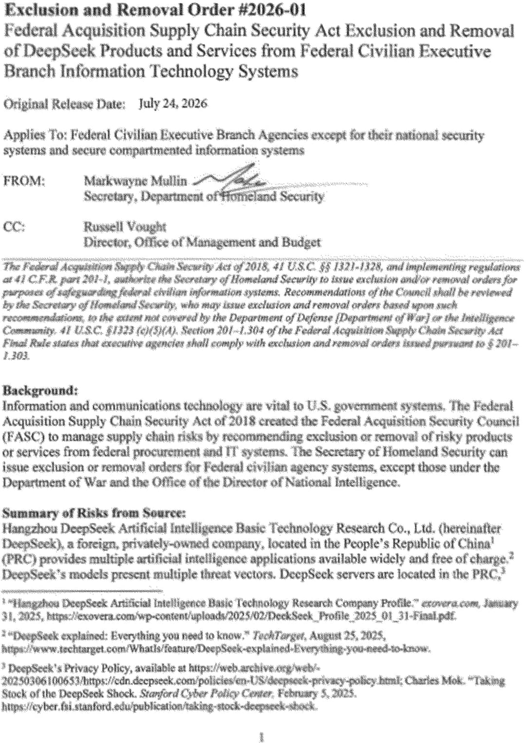The image is a document titled "Exclusion and Removal Order #2026-01: Federal Acquisition Supply Chain Security Act Exclusion and Removal of DeepSeek Products and Services from Federal Civilian Executive Branch Information Technology Systems" and is dated July 24, 2026. The document is signed by Markwayne Mullin, Secre