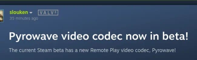The image shows a screenshot of a video game chat log. The top of the screen displays the username "slouken" and the message "35 minutes ago". The chat log is primarily blue with white text. The message "Pyrowave video codec now in beta!" is displayed in the center, followed by the message "The current Steam beta has a