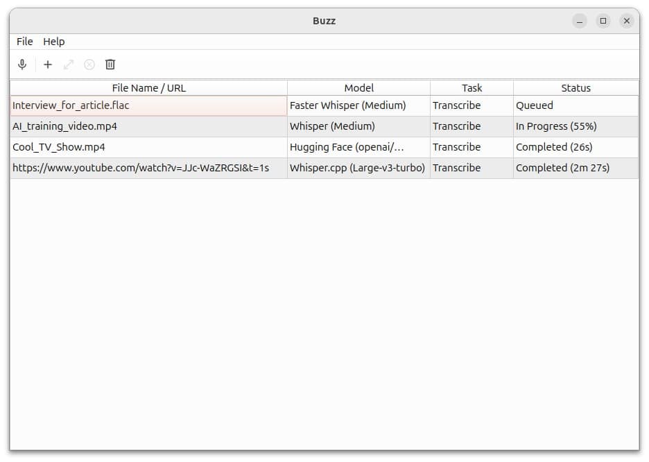 The image shows a screenshot of a file management application, likely a media player or similar application, displaying a list of files and their corresponding status. The application is named "Buzz" and is currently in the "Buzz" mode. The list of files includes "Interview for article.flac", "AI training.video.mp4", "
