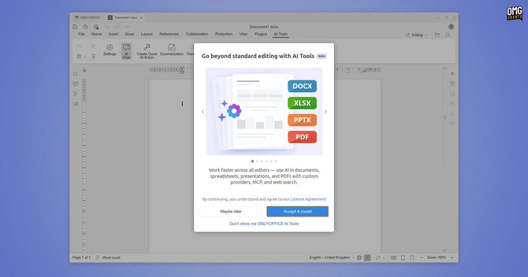 The image shows a screenshot of the "ONLYOFFICE" document creation interface. The interface is primarily white with a light blue background. At the top, a search bar is visible, and a search toolbar is present. The main focus is a central box containing a list of file types (DOCX, XLSX, PPTX, PDF) and a button labeled