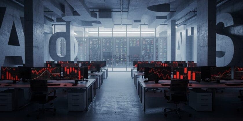 The image depicts a modern office space with a concrete floor and walls, featuring large concrete letters spelling "A-D-S" on the left wall. The office is filled with rows of desks, each equipped with a computer monitor displaying a stock market graph. The room is illuminated by a large window that offers a view of a d