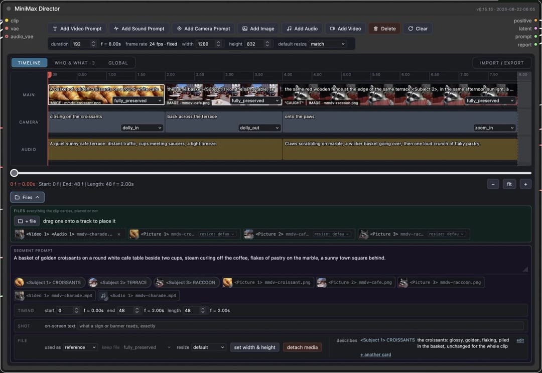 The image shows a timeline view of a video editing project, likely for a video game or similar media project. The timeline is organized into sections, including "WHO & WHAT", "GLOBAL", "IMPORT / EXPORT", and "AUDIO". The video is titled "A basket of golden croissants on a round white table beside two cups, steam curlin