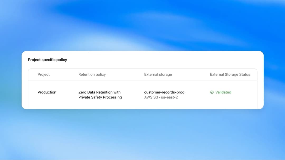 The image presents a table with the title "Project specific policy". The table is divided into four columns: "Project", "Retention policy", "External storage", and "External Storage Status". The first column lists the project name, "Production", and the second column lists the retention policy, "Zero Data Retention wit