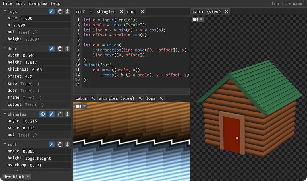The image shows a file editor window with a dark gray background. The window displays a 3D model of a cabin, with a green roof and brown walls. The cabin is positioned in the bottom right corner of the window. The window also includes a section for viewing the cabin's dimensions and a section for viewing the model's an