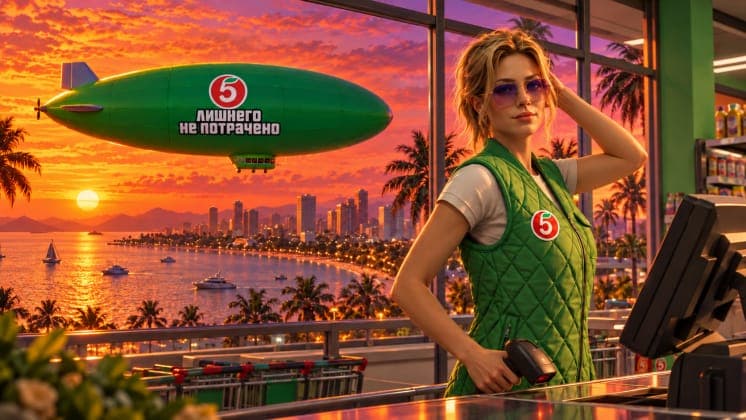 The image depicts a woman standing behind a checkout counter in a store, wearing a green vest with a red "5" on it. She is also wearing sunglasses and has her hand on her head. The store has a green exterior and large windows, offering a view of a tropical cityscape with palm trees and a body of water. A green airship
