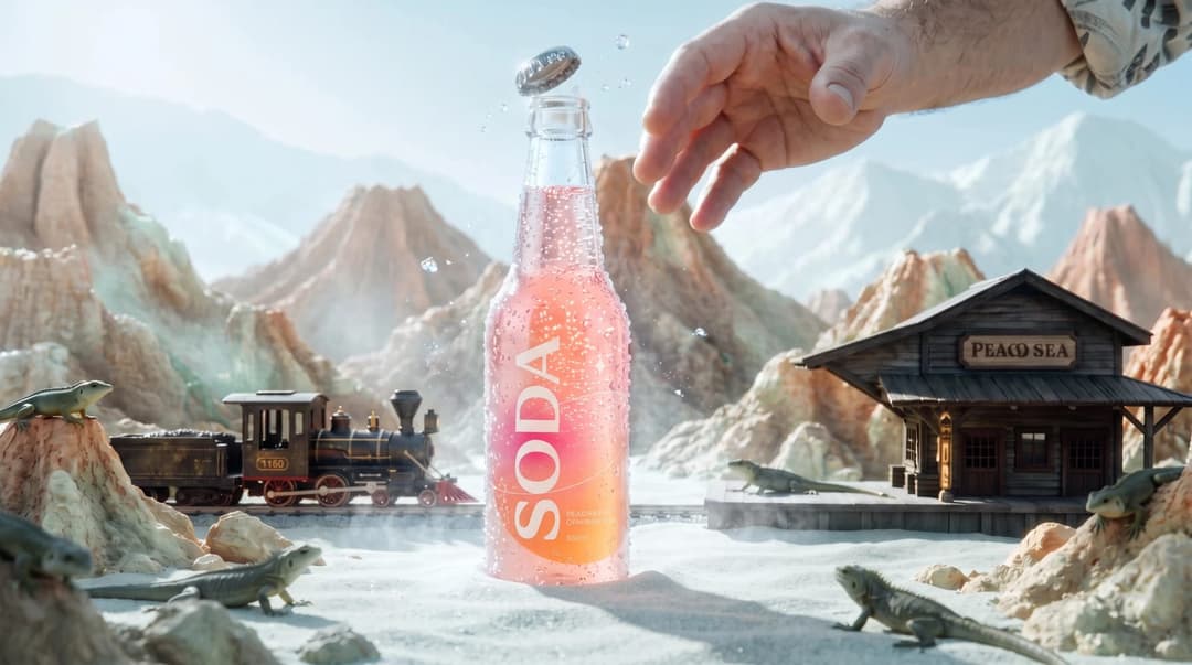 The image depicts a hand reaching towards a glass bottle of soda, which is tilted and spilling its pink liquid onto the ground. The soda bottle is labeled "SODA" in white letters. The scene is set in a desert-like environment, with a miniature steam train and a small wooden train station in the background. The train is