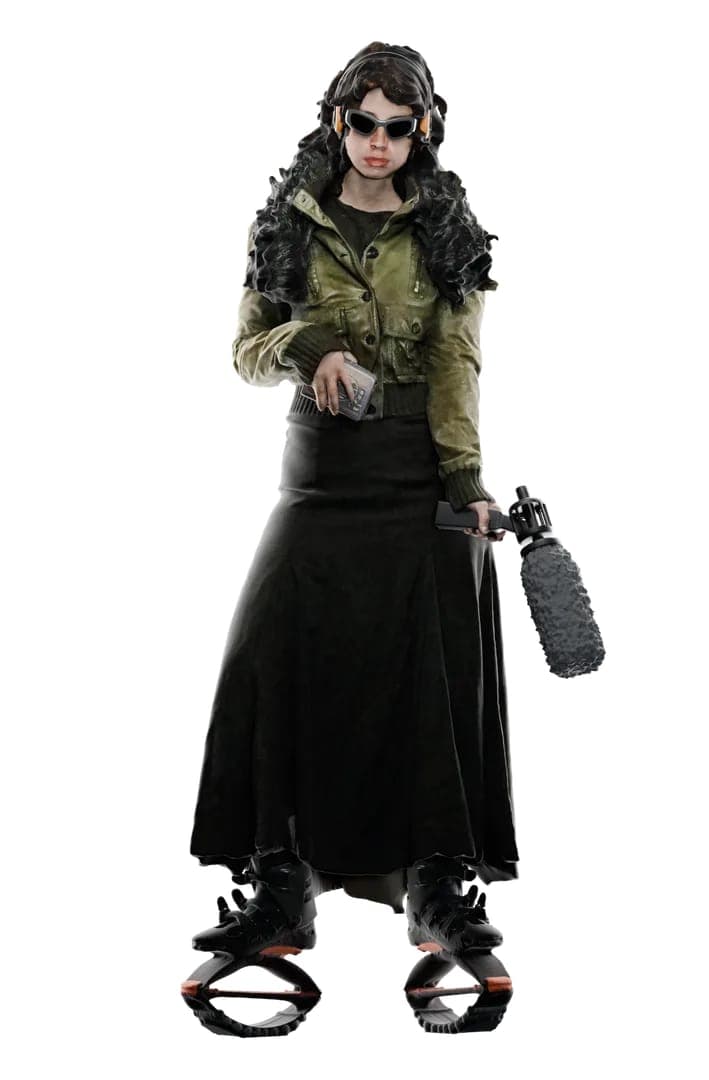 The image shows a person standing against a black background. The individual is wearing a green jacket, a black skirt, and black boots with orange accents. They are also wearing sunglasses and have dark, curly hair. The person is holding a small, dark-colored object in their left hand and a microphone in their right ha