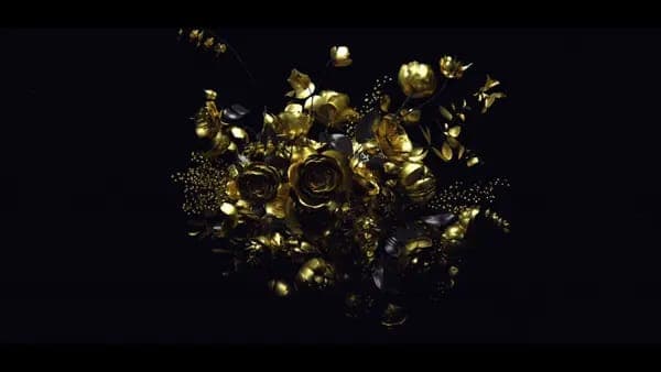 The image presents a digital rendering of a bouquet of flowers, predominantly gold in color, against a stark black background. The flowers, which appear to be roses, are arranged in a loose, natural style, with some petals appearing slightly blurred, suggesting a sense of movement. The stems and leaves of the flowers a