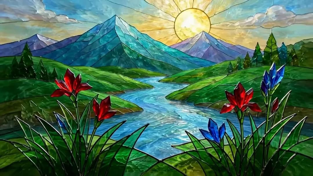 A stained-glass style illustration shows a mountain valley with a winding turquoise river, a large sun with radiating rays, and red and blue flowers in the foreground. No text is visible.
