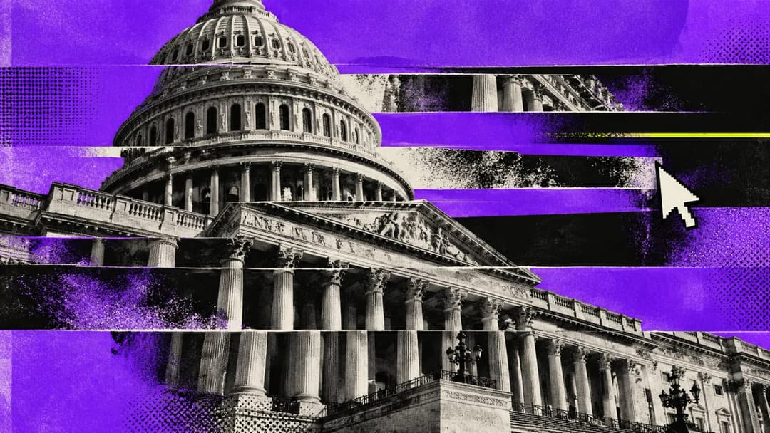 The image presents a striking black and white photograph of the United States Capitol building, rendered in a style reminiscent of a vintage or retro filter. The Capitol building, with its dome and columns, dominates the frame. The photograph is overlaid with a series of horizontal stripes in shades of purple and black