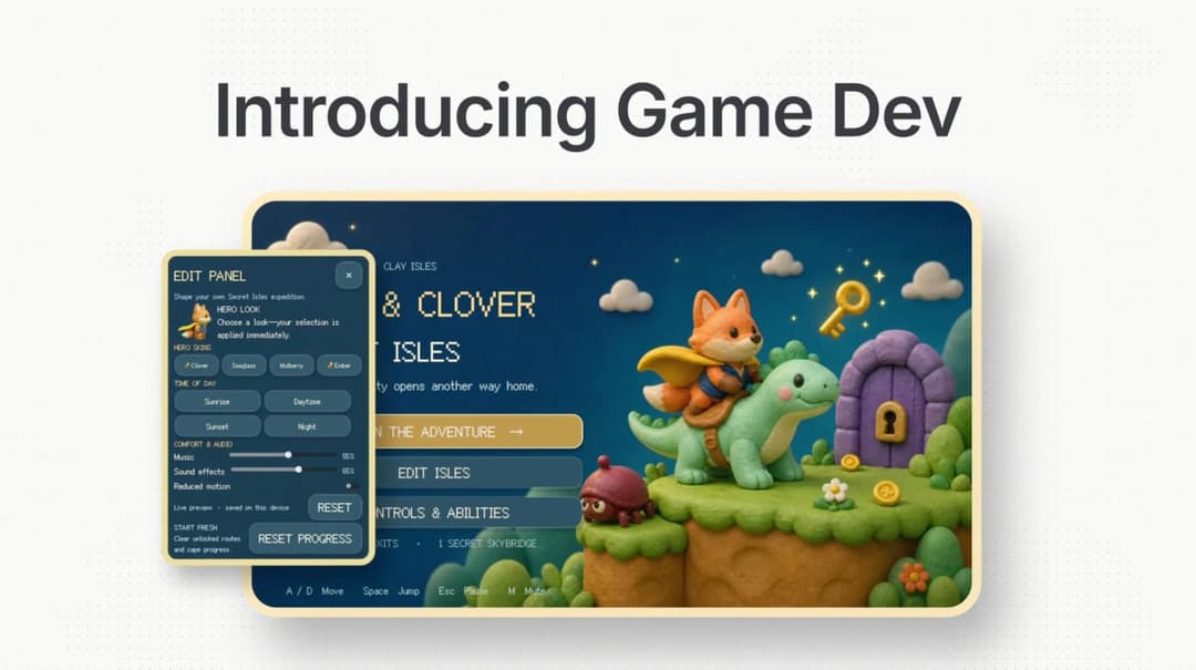 The image presents a screenshot of a game development environment. The main focus is a large, vibrant, and whimsical game panel featuring a cartoonish landscape with a castle-like structure, a fox, and a turtle. The title of the game, "& Clover Isles," is prominently displayed in the center. The panel also includes a s