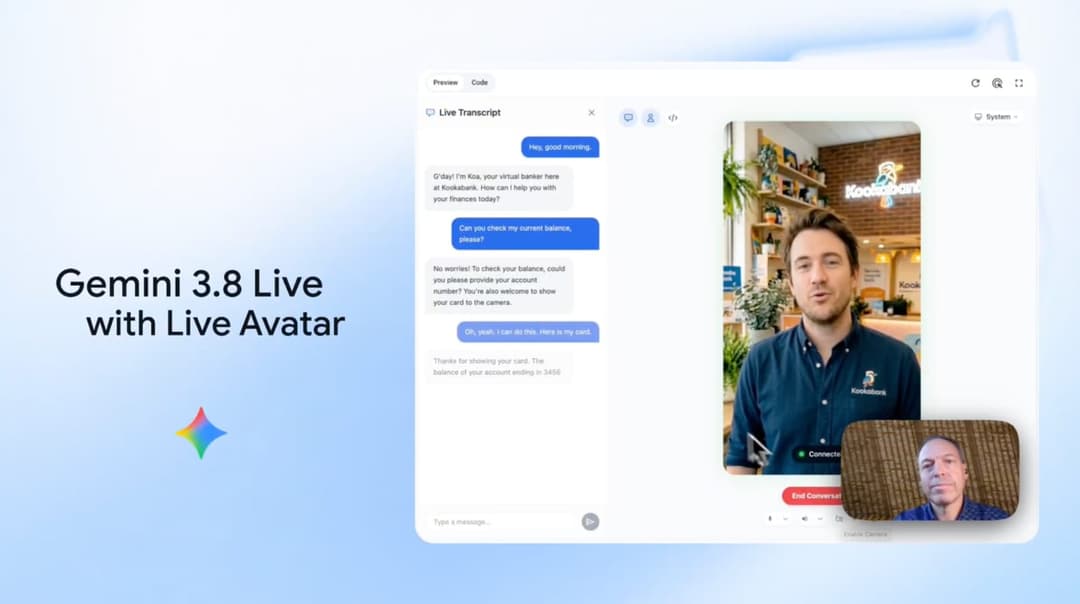 The image shows a screenshot of a video call interface from the Gemini 3.8 Live with Live Avatar application. The interface is set against a light blue background. The main focus is a video call window, which is currently displaying a conversation between two individuals. The conversation is taking place in a virtual r