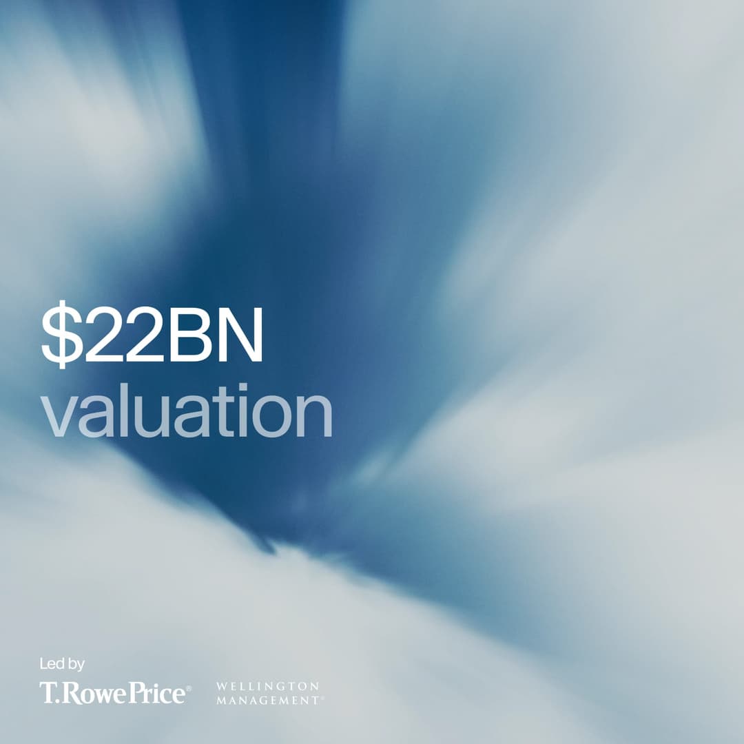 The image is a promotional graphic for a company named Wellington Management, led by T. Rowe Price. The background is a gradient of blue and white, with a blurred effect that gives the impression of movement. The text "$22B valuation" is prominently displayed in white, positioned in the center of the image. The company