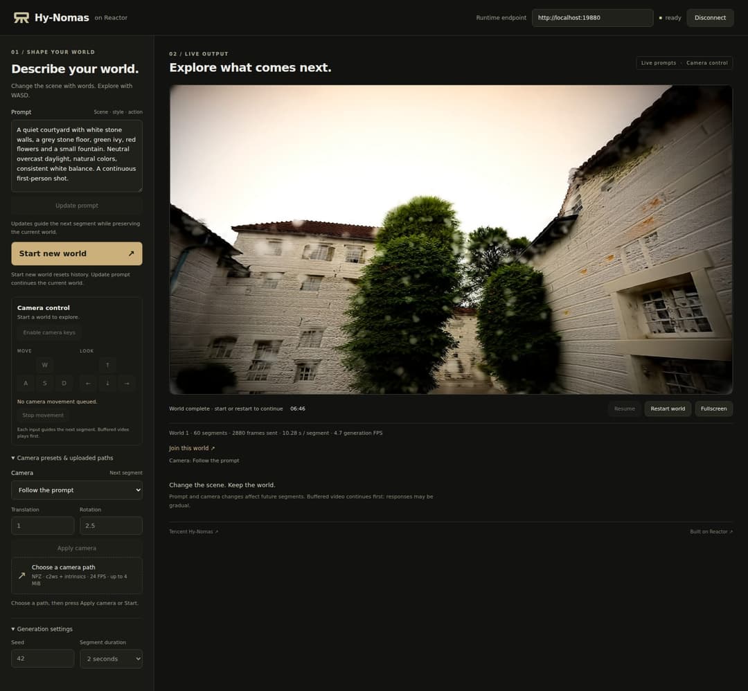 Screenshot of the Hy-Nomas web app "on Reactor" interface, with a left panel for a text prompt ("A quiet courtyard with white stone walls..."), camera control and generation settings, and a live output panel showing a generated first-person video of a stone courtyard with trees and a building. The header shows a runtim