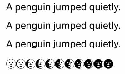 The image presents a playful arrangement of text and images. The text, written in a sans-serif font, reads "A penguin jumped quietly. A penguin jumped quietly. A penguin jumped quietly." The text is arranged in three lines, with the first line being the longest and the third line being the shortest. The text is black a
