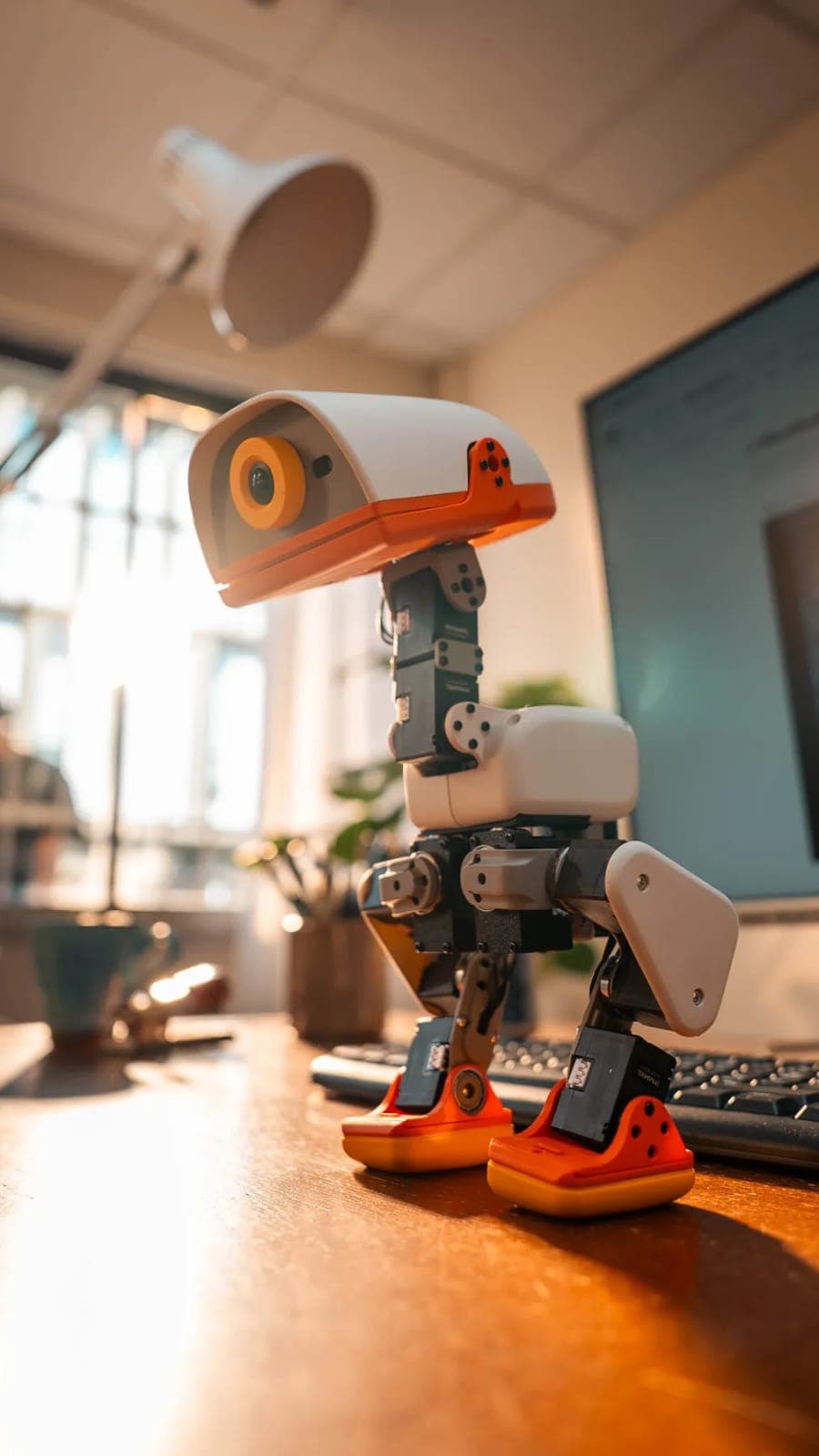 The image shows a small robot toy with a white body and orange accents, standing on a wooden desk. The robot has a yellow camera on its head and orange shoes. A black keyboard is positioned in front of the robot, and a computer monitor is visible in the background. A white desk lamp is also visible in the background. T