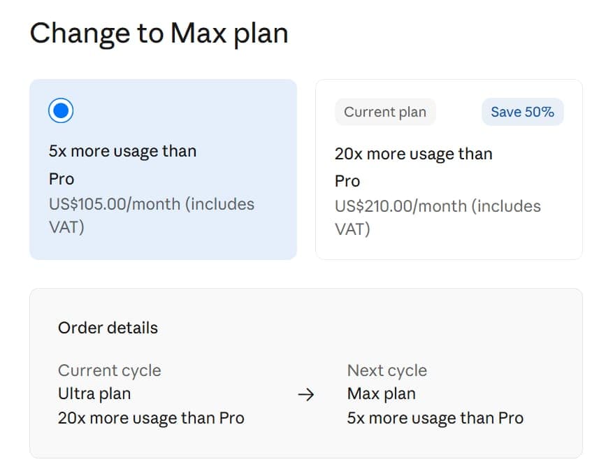 A "Change to Max plan" dialog with the Max option selected (5x more usage than Pro, US$105.00/month including VAT) beside the current Ultra plan (20x more usage than Pro, US$210.00/month, marked "Save 50%"), and order details showing the Ultra plan as the current cycle and the Max plan as the next cycle.