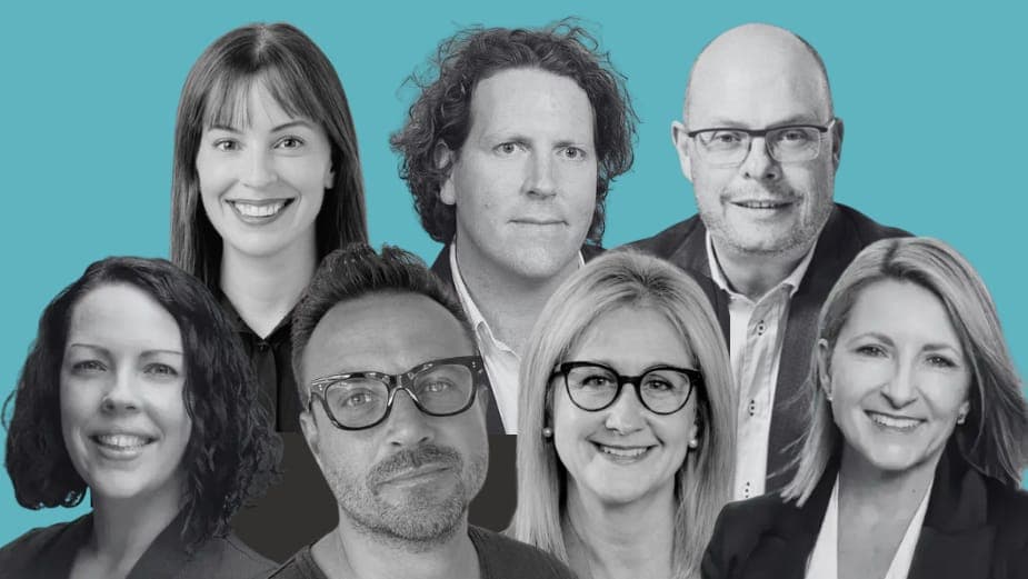 The image presents a collage of seven individuals, each with a unique facial expression and hairstyle, arranged in a loose triangular formation against a light blue background. The individuals are depicted in black and white, creating a monochromatic aesthetic. The first person on the left is a woman with dark hair and