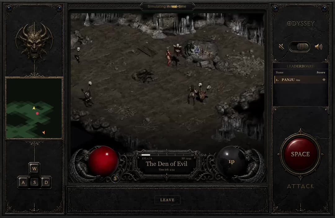 The image depicts a video game scene set in a dark cave environment. The game's interface is primarily dark gray or black, with gold accents. The player's character is a female warrior, standing on a rocky surface. The game's title screen displays "The Den of Evil" and the player's score of 1P. The game's interface inc