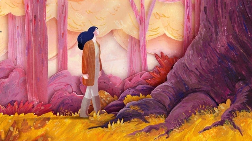 The image depicts a woman standing in a forest with a vibrant, fantastical landscape. She is wearing a brown cardigan over a cream-colored top and gray pants, and her long, dark blue hair cascades down her back. The forest around her is a riot of colors, with pink, purple, and yellow hues dominating the scene. The grou