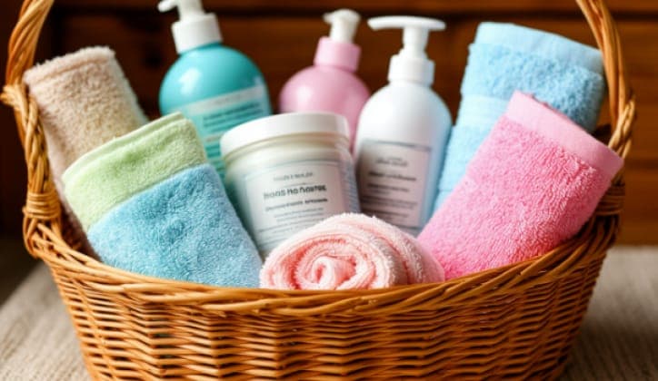 The image shows a wicker basket filled with various items, including folded towels in shades of blue, pink, and green, a white jar with a black lid, and two white bottles with pump dispensers. The basket is placed on a light beige or cream-colored surface. The items appear to be neatly arranged, suggesting a well-organ
