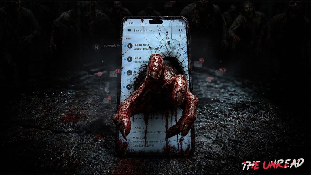 The image depicts a smartphone screen displaying a dark, possibly nighttime, scene. The screen shows a hand emerging from the screen, with a blood-like substance dripping from it. The hand appears to be reaching out towards the viewer. The background is dark and appears to be a dirt or mud surface. The phone screen als