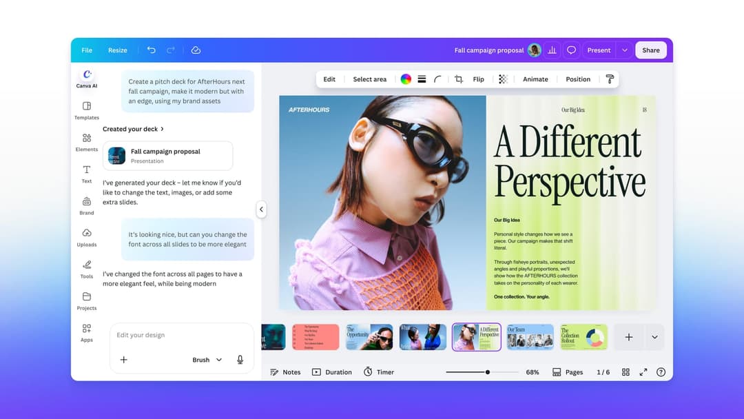A Canva editor shows a 'Fall campaign proposal' presentation with the Canva AI chat panel open, and the selected slide 'A Different Perspective' features an AFTERHOURS fisheye-style portrait of a woman in sunglasses. Visible UI and text include 'Canva AI', 'Share', 'Present', and 'Our Big Idea'.