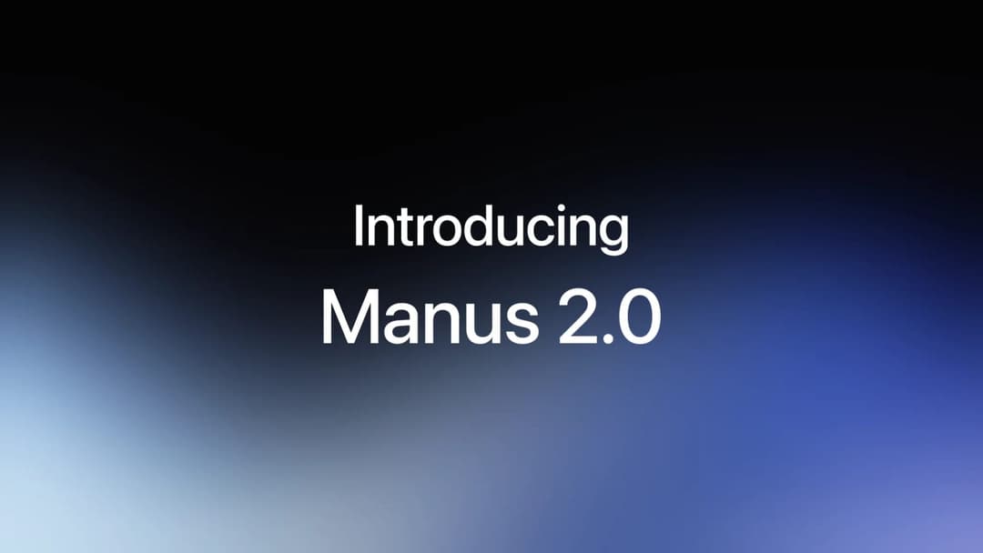 The image presents a digital interface with a gradient background transitioning from black at the top to shades of blue and purple at the bottom. The text "Introducing Manus 2.0" is prominently displayed in white, centered on the image.