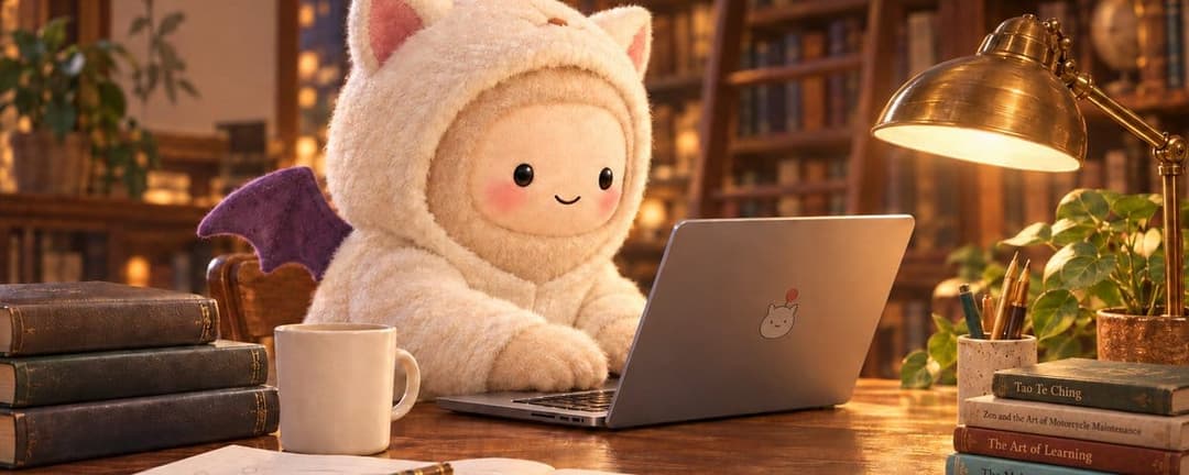 In the center of the image, a white stuffed animal dog is seated at a wooden desk, its paws resting on the keys of a silver laptop. The dog is dressed in a white hooded robe with a purple bat-like design on the back, and it has a small, round, cartoon-like face on its chest. The desk is cluttered with a stack of books,