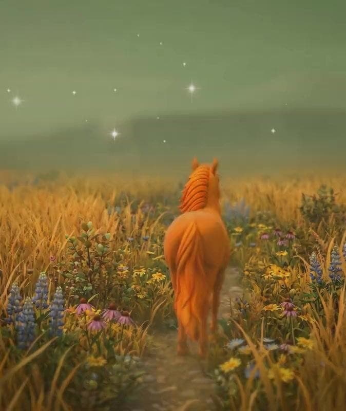 The image depicts a serene scene of a horse walking along a path through a field of tall, golden-brown grass. The horse, with a vibrant orange coat, is walking away from the viewer, its head turned to the left. The path is a light brown color and appears to be made of dirt or gravel. The field is dotted with a variety