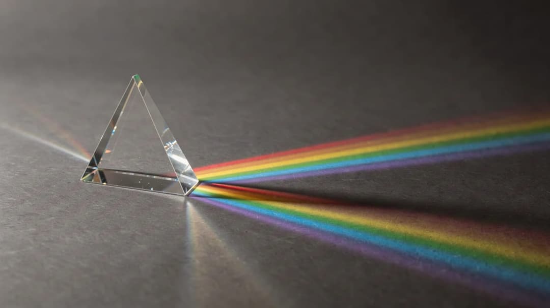 The image shows a triangular prism, made of clear glass, positioned on a gray surface. The prism is angled towards the right side of the image, casting a rainbow of colors onto the surface. The colors of the rainbow, from red at the top to violet at the bottom, are visible on the surface below the prism. The prism's fa