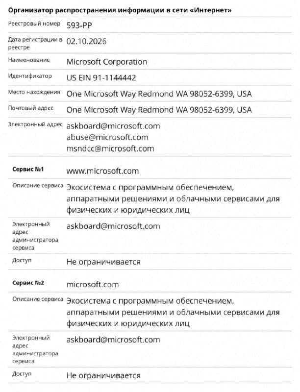 A Russian-language document form titled "Организатор распространения информации в сети «Интернет»", registry number 593-PP, dated 02.10.2026, listing Microsoft Corporation at One Microsoft Way, Redmond, WA, with contact emails at microsoft.com and two services, www.microsoft.com and microsoft.com, described as software
