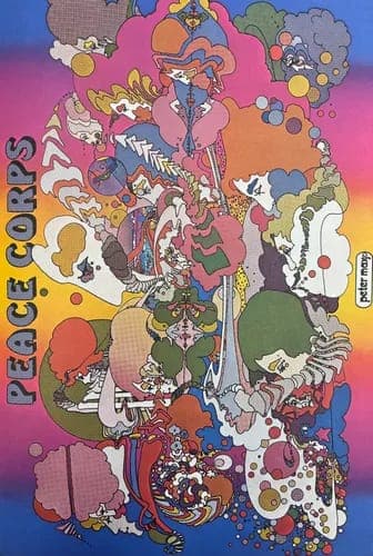 The image is a vibrant and colorful illustration featuring a multitude of stylized figures and shapes, reminiscent of psychedelic art. The figures are depicted in a variety of poses and sizes, creating a dynamic and energetic composition. The colors used are predominantly pink, orange, yellow, green, blue, and white, w