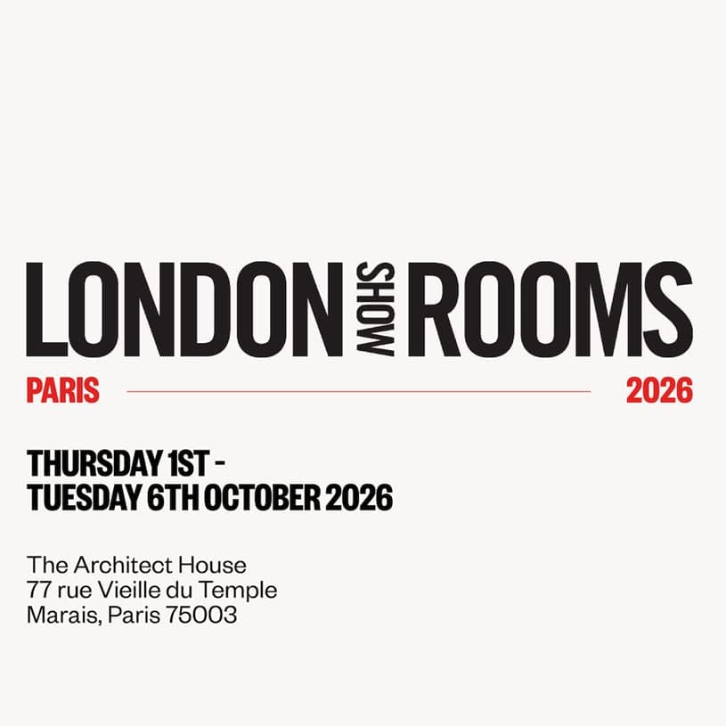 The image is a poster for the London Show Rooms event, scheduled for Thursday, October 1st, 2026, at 7:00 PM in Paris. The event is hosted by The Architect House, located at 77 rue Vieille du Temple in Marais, Paris 75003. The poster features a bold black and white design with the event name in large, black letters. Th