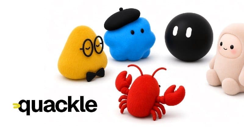 Five plush, fuzzy 3D characters on a white background: a yellow blob with round glasses and a black bow tie, a blue blob wearing a black beret, a glossy black sphere with two white eye shapes, a cream-colored smiling figure with pink cheeks, and a red cartoon crab. The black "quackle" wordmark with a small yellow beak-