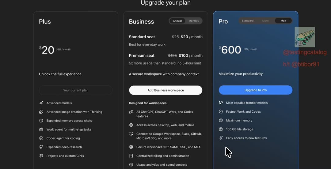 The image presents a comparison of three business plan upgrades from a website, likely a comparison tool or website. The leftmost section displays the "Plus" plan, priced at $20 per month, with a standard seat and a maximum of 5 work hours per day. The middle section showcases the "Business" plan, priced at $100 per mo