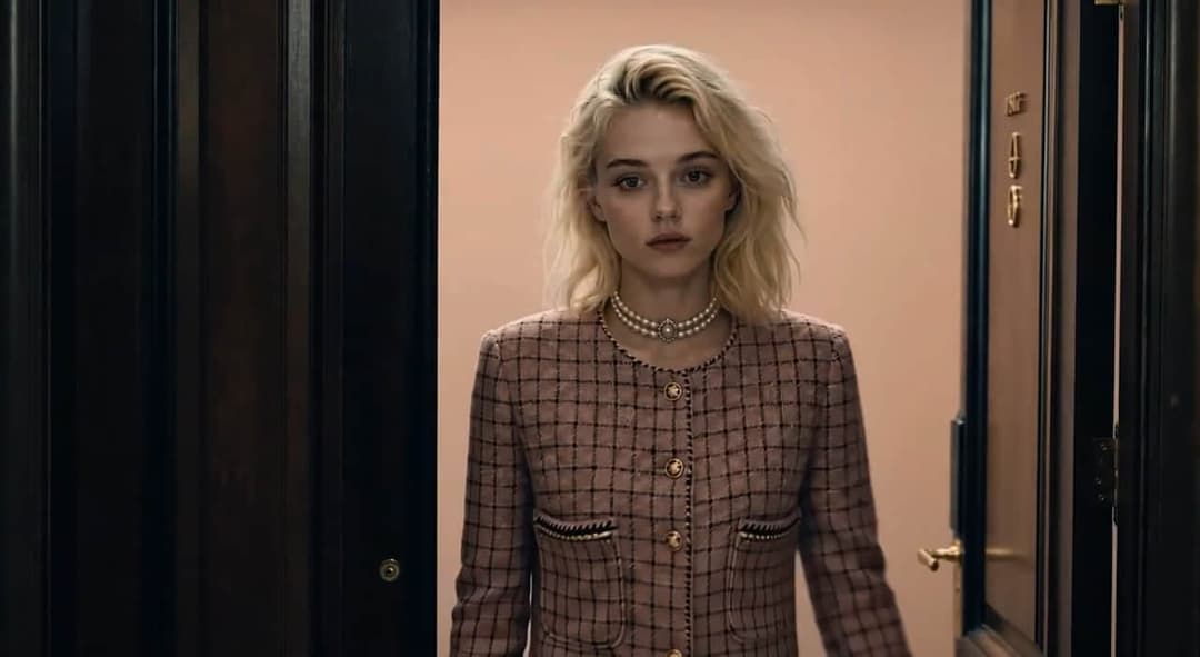 The image shows a young woman standing in a doorway. She is wearing a pink and white checkered blazer with gold buttons and a pearl choker necklace. Her blonde hair is styled in a loose, wavy fashion. The doorway is dark brown or black, with a gold door handle visible. The background is a muted peach or light orange co