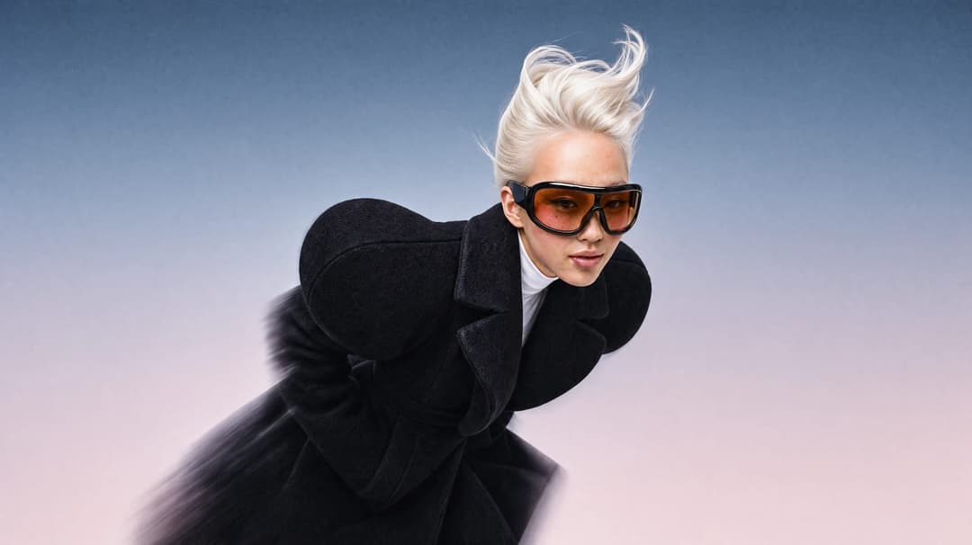 The image shows a person with striking blonde hair styled in a high, voluminous fashion, wearing a black coat with large, puffed shoulders and a white turtleneck underneath. The person is also wearing large, dark-tinted sunglasses. The background is a gradient of blue and pink, creating a soft, dreamy effect. The perso