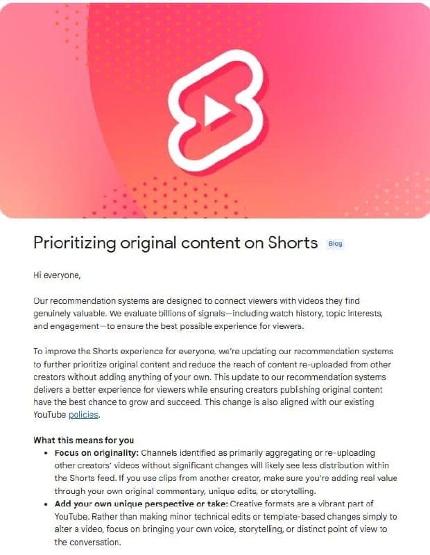 The image is a screenshot of a webpage from the YouTube platform. The webpage is primarily white with a pink background featuring a stylized play button logo. The text on the page is in English and includes a welcome message to the audience, stating that the recommendation system is being updated to prioritize original