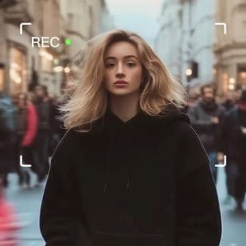 The image shows a young woman with blonde hair as the central figure. She is wearing a black hoodie and has a neutral expression. The background is a blurred city street with other people walking, creating a sense of depth. The woman is positioned in the center of the frame, with the city street forming the backdrop. T