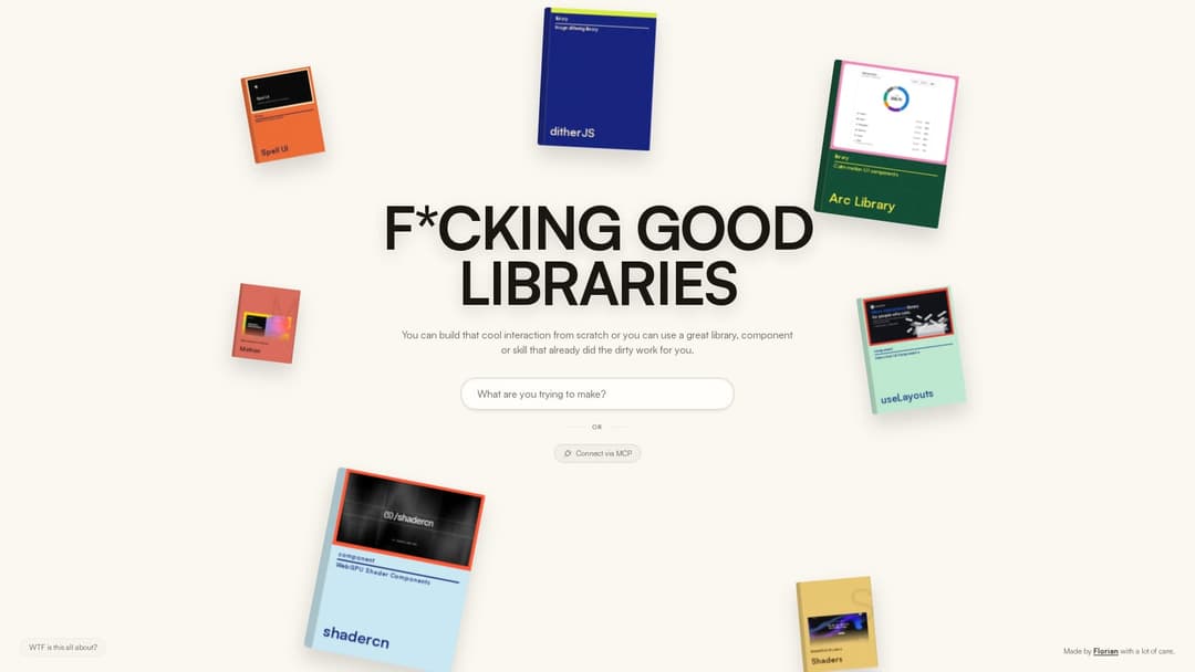 The image presents a website design for a library named "Fucking Good Libraries". The website is designed in a clean, minimalist style with a white background. The central focus is a large, bold text that reads "Fucking Good Libraries". The text is surrounded by a collection of eight smaller images, each showcasing a d