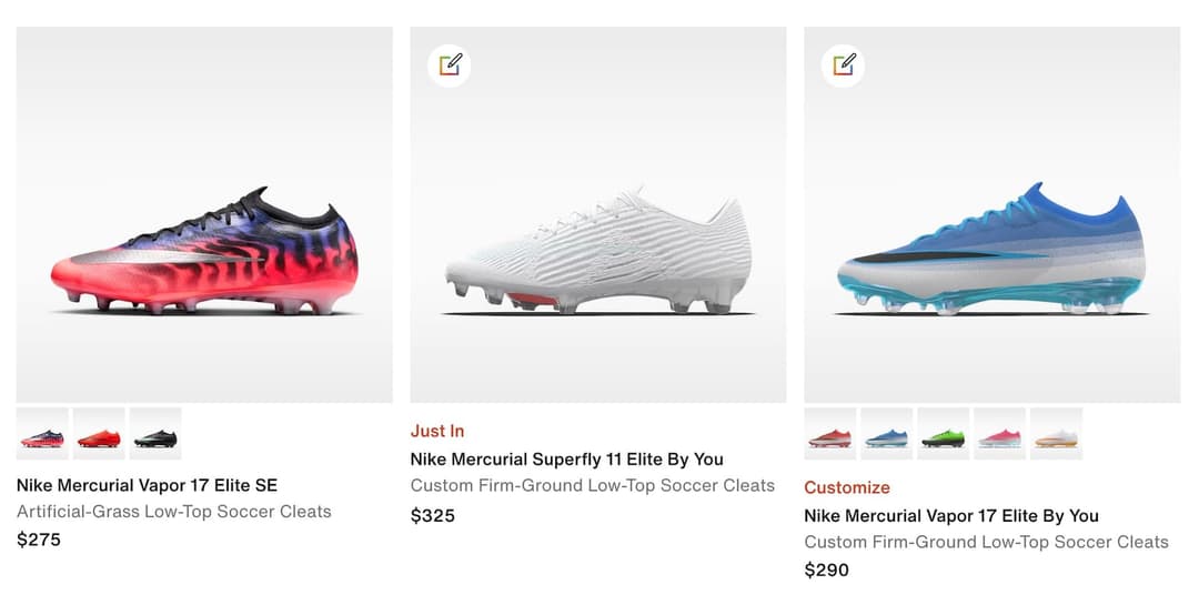 The image presents a collection of three Nike Mercurial Vapor 17 Elite SE soccer cleats, each with a unique color scheme and design. The cleats are arranged in a row, with the first one on the left featuring a vibrant red and orange color scheme, the second one in the center showcasing a white color scheme, and the thi