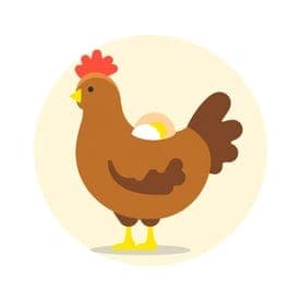 The image presents a cartoon illustration of a brown chicken standing on one leg with its head slightly tilted to the left. The chicken has a red comb and yellow beak, and its tail feathers are brown. It is positioned against a pale yellow/cream background, which is enclosed within a light beige/cream circle. The chick