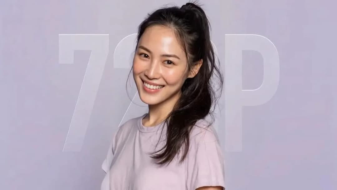 The image shows a young woman with dark hair pulled back in a ponytail, wearing a light purple or lavender t-shirt. She is smiling warmly at the camera, her eyes meeting the viewer's gaze. The background is a light purple color, with the number "72P" displayed in a light gray or silver color.