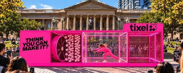 The image shows a large pink cube-shaped structure with a transparent interior, situated in a public space. The cube is adorned with a pink banner that reads "Think you can make it?" and a black logo for "tixel". A person in a pink outfit is running through the transparent interior of the cube, which is surrounded by a