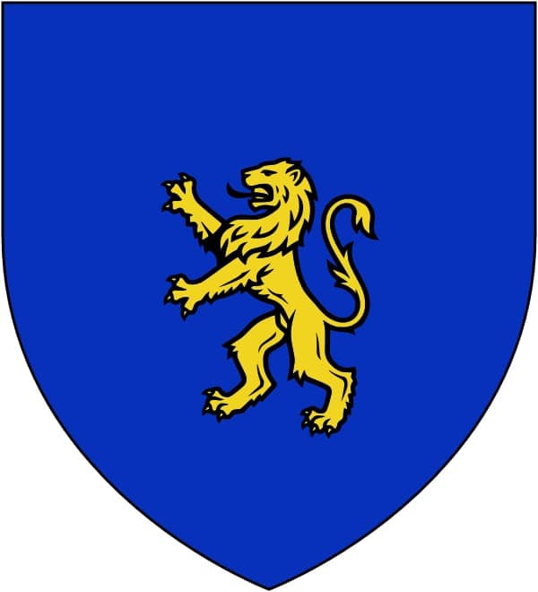 The image presents a shield, a symbol of strength and protection, in a striking shade of blue. Dominating the center of the shield is a lion, a creature of power and courage, depicted in a yellow color. The lion is in a standing position, with its front paws raised and its hind legs slightly bent, giving it a sense of