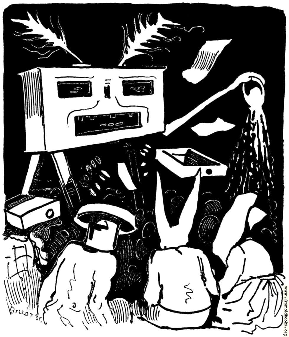 The image is a black and white illustration featuring a large, rectangular box with a face-like design on its front. The box is being manipulated by a long, thin, stick-like object, which appears to be pouring something from it. The box is situated in the center of the image, with a group of people seated on the ground